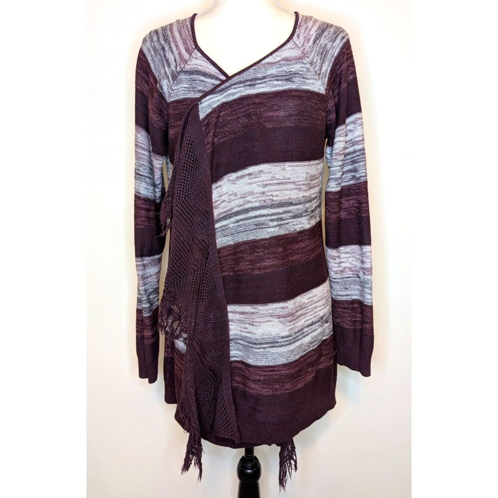 Fresh Burgundy Grey Marled Stripe Draped Open Front Fringe Cardigan L